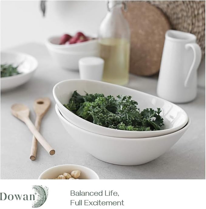DOWAN 9.25" Serving Bowls, Large Oval Serving Dishes for Wedding and Dinner Parties, 35 Oz for Salad, Side Dishes, Pasta, Oval Shape, Microwave & Dishwasher Safe, Set of 4, Soft White