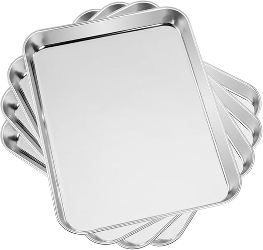 Baking & Cookie Sheets Set of 4, Yododo Stainless Steel Compact Toaster Oven Pan Tray Ovenware Professional, Size 10.23 x 8.26 x 1 inch, Heavy Duty, Deep Edge, Superior Mirror Finish, Dishwasher Safe