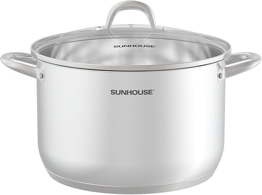 SUNHOUSE 13-Quart Stainless Steel Stockpot w/Tempered Glass Lid - Heavy-Duty, Food-Grade Cookware for Simmering, Boiling, and Induction Cooking - Exceptional Heat Distribution