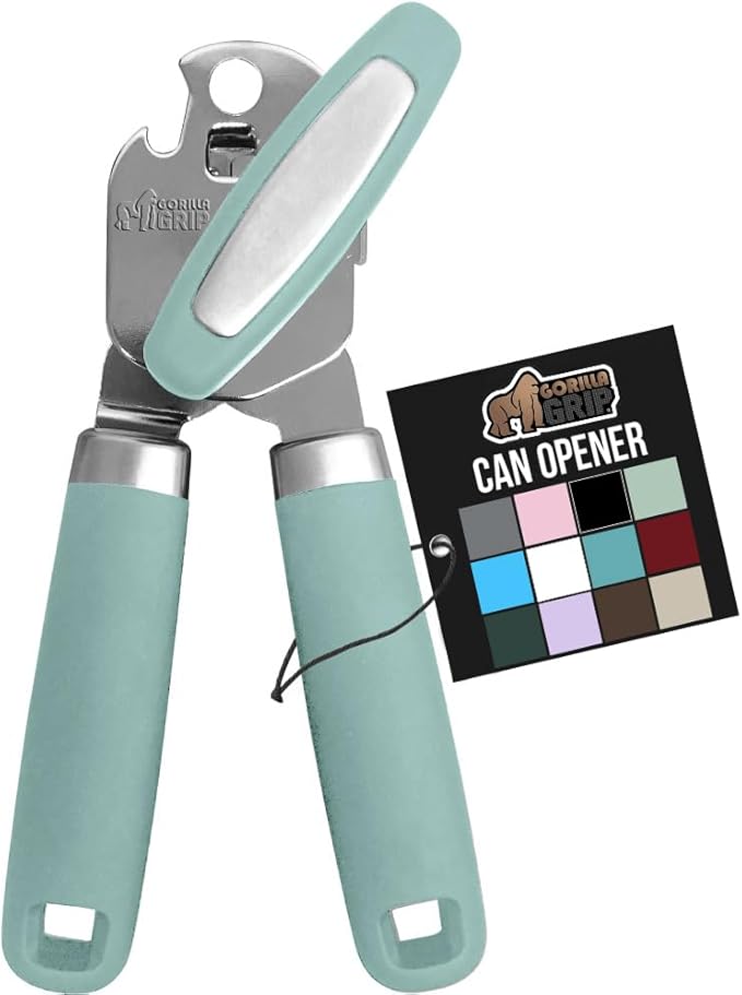 GORILLA GRIP Heavy Duty Stainless Steel Smooth Edge Manual Can Opener and Bottle Openers, Soft Comfortable Handle, Oversized Handheld Turn Knob, US Designed Multifunctional Kitchen Tool, Mint