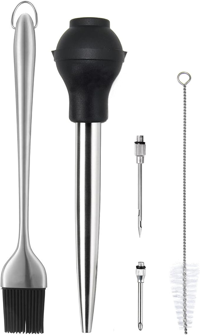 Kaycrown Stainless Steel Turkey Baster with BBQ/Grill Basting Brush, Commerical Grade Quality Silicone Bulb Including Flavor Needle and Cleaning Brush for Easy Clean Up