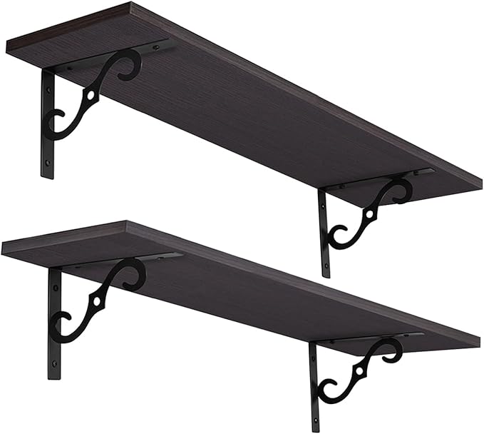 DINZI LVJ Long Wall Shelves, 23.6 Inch Large Floating Shelves Set of 2, Wide Display Shelf Wall Mounted with Brackets, Easy Hanging for Living Room, Toilet, Office, Bedroom, Espresso
