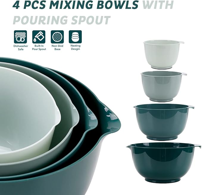 BoxedHome Green Ombre Nesting Plastic Mixing Bowl Set With Pour Spout, Microwave and Dishwasher Safe, BPA free Non-Slip Base, Set of 4 Size 1.7, 2.5, 3.5 and 4.5qt, Great for Prepping, Baking, Cooking