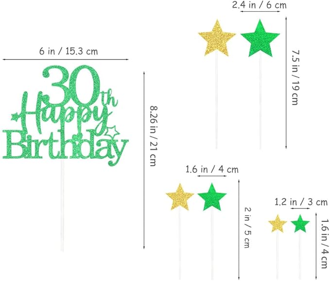 Glittery 30th Happy Birthday Cake Topper with Star,Personalised 30 Birthday Cake Toppers Party Decorations Party Supplies for Boys Girls Green Gold