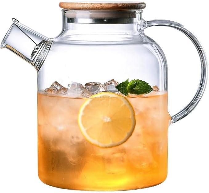 SHUWEICAO- Glass Teapot, Stovetop and Microwave Safe Glass Borosilicate Teapot, 60.8 oz Clear Glass Pitcherwith Natural Bamboo Lid and Removable Filter for Making Flower Tea and Juice