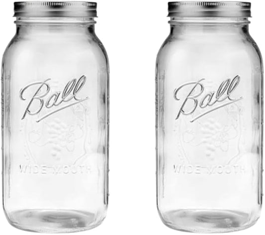 Ball Wide Mouth Glass Mason Jars with Lids and Bands, Used for Canning, Pickling, Juice, Jam, Jelly, Half Gallon Size 64 Ounce (Pack of 2)