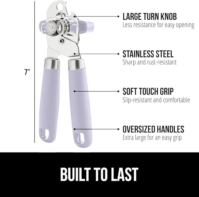GORILLA GRIP Heavy Duty Stainless Steel Smooth Edge Manual Can Opener and Bottle Openers, Soft Comfortable Handle, Oversized Handheld Turn Knob, US Designed Multifunctional Kitchen Tool, Lavender