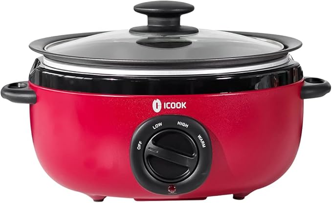 ICOOK USC-35-OP001RD 3.5 Quart Slow Cooker,Aluminium Sear/Sauté Stew Pot Stovetop safe,Dishwasher Safe,Glass Lid,Adjustable Temp,Food Warmer,Red