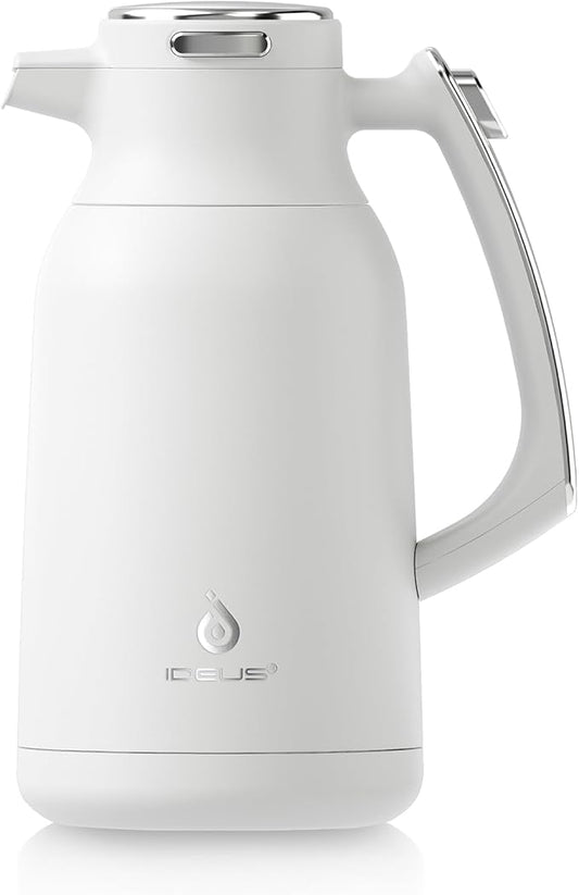 IDEUS Thermal Coffee Carafe 68oz (2,000ml), Stainless Steel Double Wall Insulated Vacuum Flask, Water Jug Coffee Server and Beverage Dispenser, Heat and Cold Retention (White-Silver, 68oz (2,000ml))