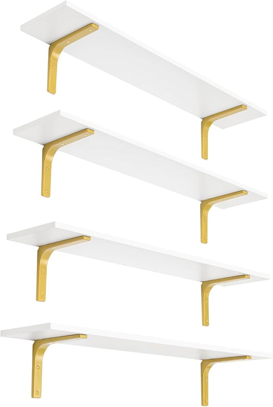 DINZI LVJ Long Wall Shelves, 31.5" Wall Mounted Shelves Set of 4, Large Floating Shelves with Metal Brackets, for Living Room, Bathroom, Bedroom, Kitchen, White and Gold