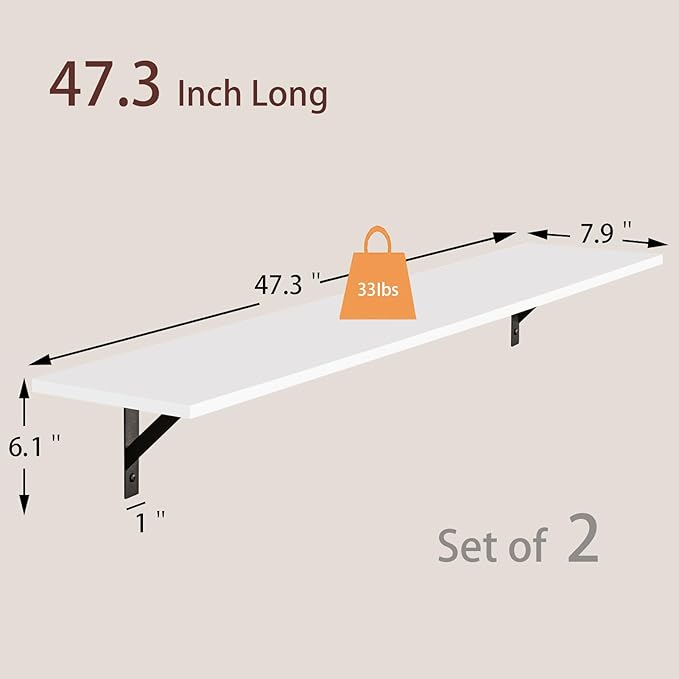 DINZI LVJ Long Wall Shelves, 47.3Inch Wall Mounted Shelves Set of 2, Extra Large Wall Storage Ledges with Sturdy Metal Brackets for Living Room, Bathroom, Bedroom, Kitchen, White