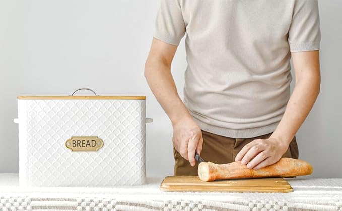 Extra Large Space Saving Farmhouse Bread Box With Wood Lid - Holds 2 Loaves - Vertical Breadbox Bread Storage Bin Holder for Kitchen Countertop, White