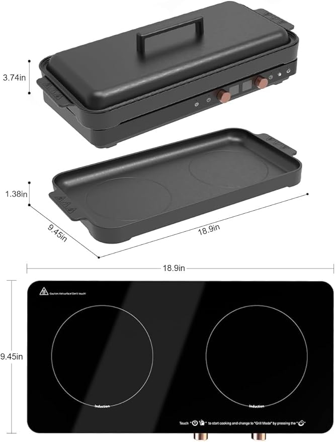 Portable Double Induction Cooktop with Removable Non-Stick Cast Iron Griddle Pan, 2 Burner Electric Stove with Timer & Digital Temperature Control, Black