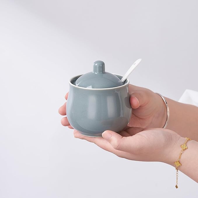 Ceramic Sugar Bowl with Lid and Spoon, Grey Porcelain Sugar Salt Pepper Storage Jar, 8 Ounces