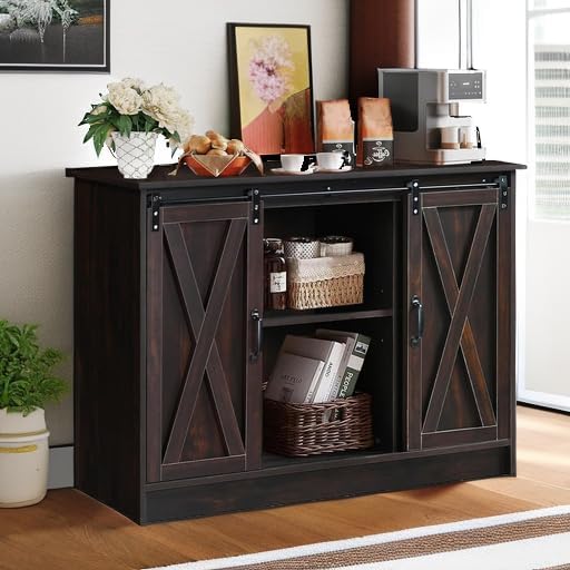 4 EVER WINNER Coffee Bar Cabinet with Sliding Barn Doors, 42” Sideboard Buffet Cabinet with Storage, Farmhouse Coffee Bar Station Table Liquor Wine Bar with Shelves for Kitchen, Espresso