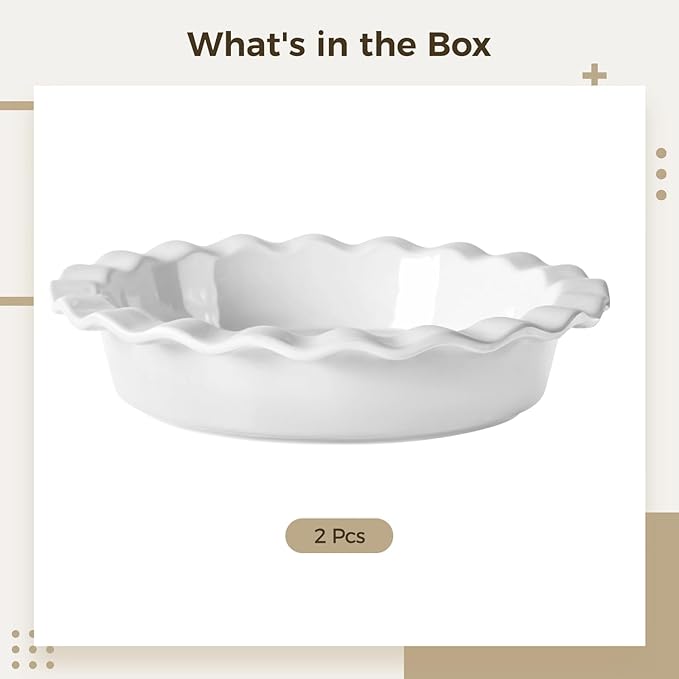 Homaisson Ceramic Pie Pans for Baking, 9.8 in Round Pie Dishes with Fluted Edges, Round Baking Dish, for Apple, Quiche, Pot Pies, Tart, Set of 2, White