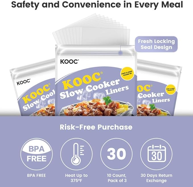 KOOC Slow Cooker Liners 8"x11" 30 Count Mini Size Disposable Pot Liners Cooking Bags Fit 0.65 qt to 1.25 qt Pot BPA Free Fresh Locking Seal Design