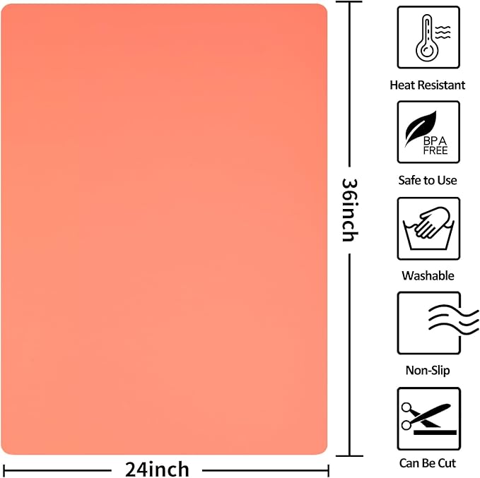 Silicone Mat Heat Resistant Mats for Countertop, Large Silicone Mats for Crafts Kitchen Counter Workbench Table protector, Size 36x24 inches Thick 2mm,Rolled Package,Coral