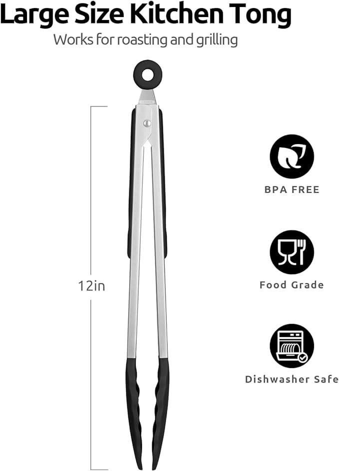 600ºF Heat Resistant Kitchen Tongs: U-Taste 12 inch Large Silicone Cooking Tong with Sturdy Non Stick Rubber Tips & Silicon Coated 18/8 Stainless Steel Handle & Smooth Locking for Serving Grill(Black)