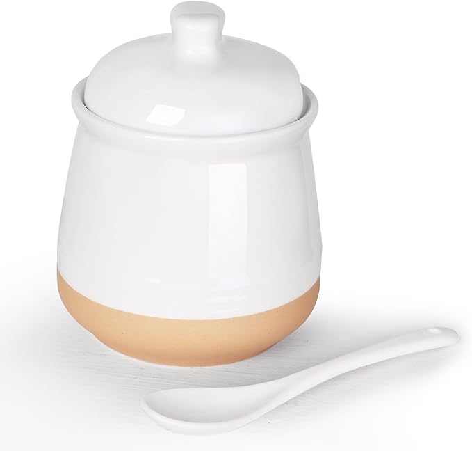 LEETOYI Sugar Bowl with Lid and Spoon, 12 oz Ceramic Sugar jar, Sugar Container for Coffee Bar, Sugar Dispenser Bowl, Microwave & Dishwasher Safe, White
