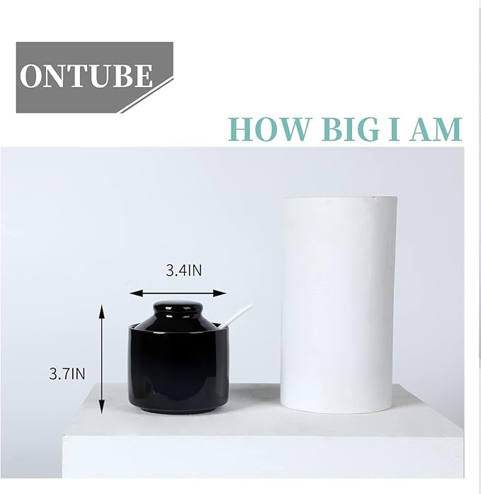 ONTUBE Ceramic Sugar Bowl with Lid and Spoon,Porcelain Seasoning Box Salt Bowl,8oz (Black)