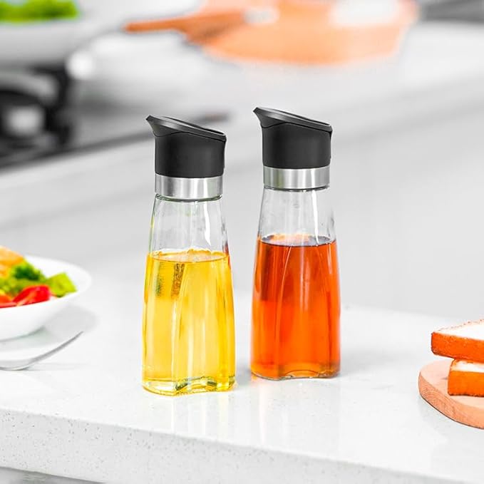 Premium Glass Olive Oil and Vinegar Dispenser Bottles Set, 2-Piece Kitchen Cooking Cruet with Auto-Open Lid, Non-Drip Pouring Spout, Oil Infuser Filter, Dishwasher Safe (Black 11oz)