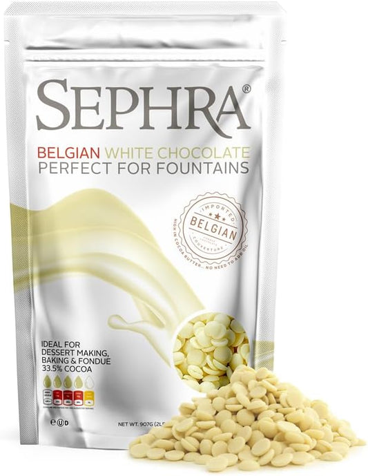 Sephra Belgian WHITE Fondue Chocolate - Fountain Ready Imported Belgian Chocolate for Melting - Organic Baking Chocolate - White Couverture Chocolate HALAL, Vegan & Gluten Free, 2lbs