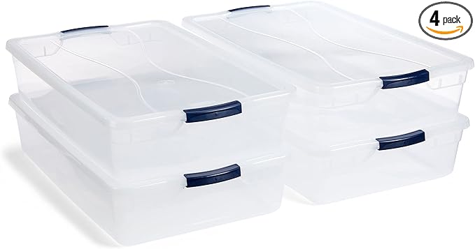 Rubbermaid Cleverstore 42 Quart Stackable Plastic Storage Bin with Lids for Garage, Closet, and Classroom, Clear, 4 Pack