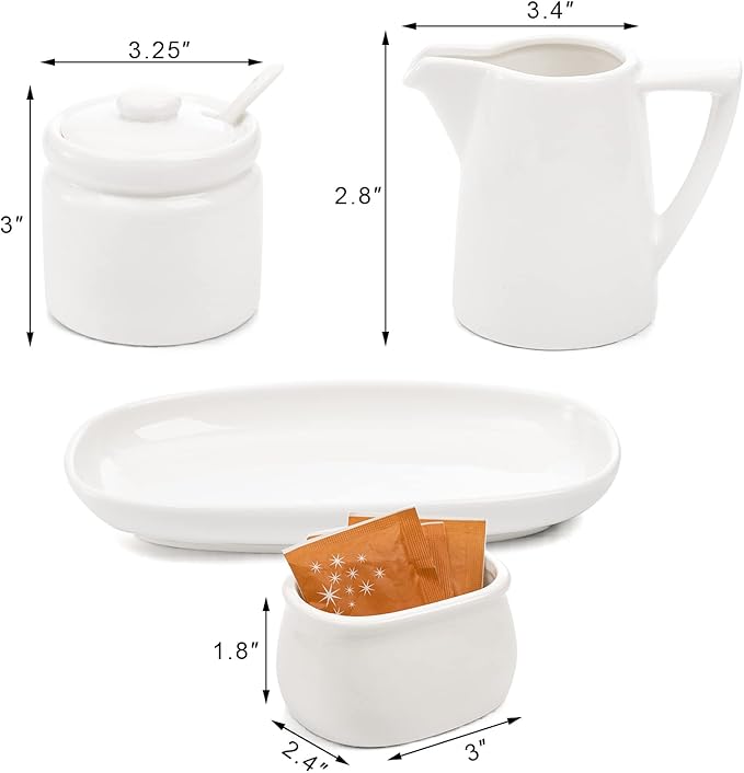 ZENFUN Set of 4 Porcelain Creamer and Sugar Set with Saucer, Sugar Bowl with Lid and Spoon, Cream Pitcher, Sweetener Holder, Coffee Serving Set for Kitchen Home Cafe Party, Restaurant, White