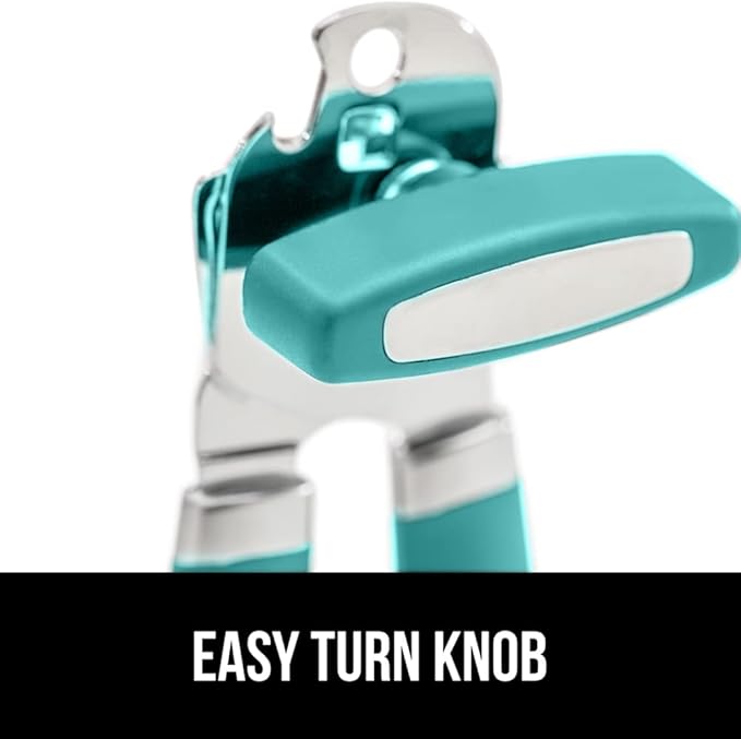 GORILLA GRIP Heavy Duty Stainless Steel Smooth Edge Manual Can Opener and Bottle Openers, Soft Comfortable Handle, Oversized Handheld Turn Knob, US Designed Multifunctional Kitchen Tool, Turquoise