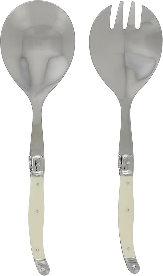 French Home Laguiole Connoisseur (Faux Ivory) Salad Servers 2 Piece Set — Stainless Steel Flatware Set — Salad Serving Utensils — Silverware Set Spoon and Fork Set — Dining Utensils Set
