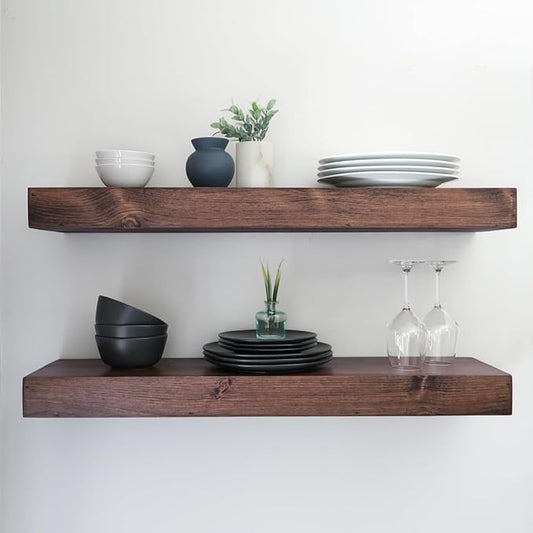 Modern Floating Shelves 3 Inches Thick for Wall, Wide Shelves for Kitchen, Living Room, Bedroom, and Bathroom, Natural Pine Wood, Rustic Wooden Shelf, (Set of 2) (Provincial, 48Lx3Hx8D)