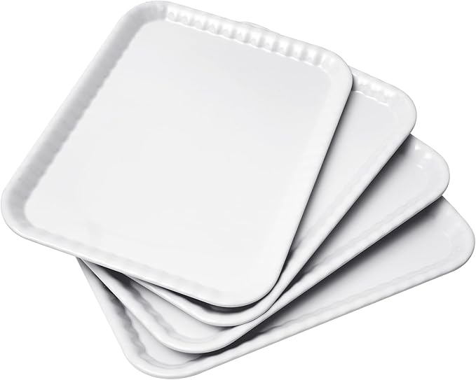 Blue Boat 15" x 11" Rectangular Serving Trays Set of 4 White, Melamine Serving Platter, Light Weight Easy to Clean Sturdy Stackable BPA-Free Dishwasher Safe