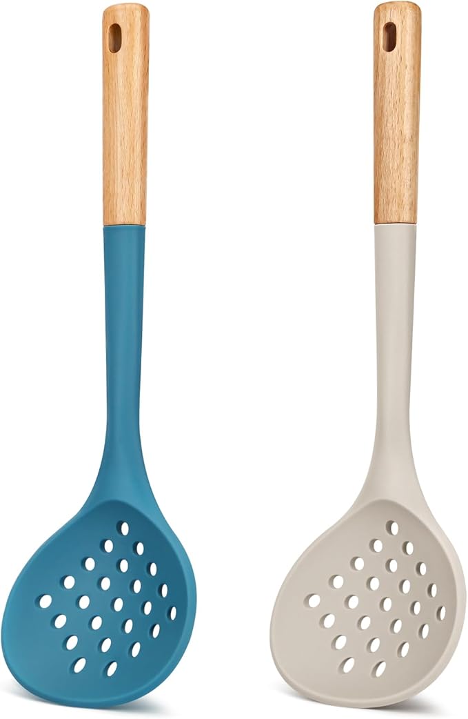 Kitchen Ladle Strainer, Large Slotted Spoon with High Heat Resistant BPA Free, Non Stick Cooking Skimmers For Draining & Frying, 13.2inch (Khaki & Blue)