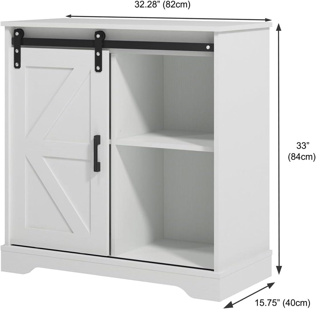 Panana Sliding Barn Door Buffet Sideboard Storage Cabinet Coffee Bar Kitchen Farmhouse Style (White)