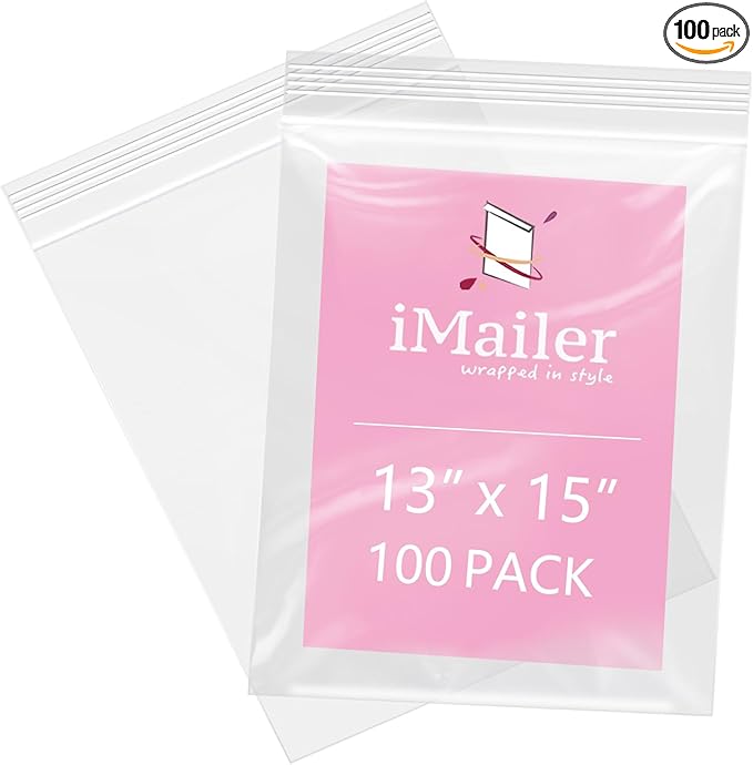 iMailer - 100 Pcs- 13" x 15" Zip Bags- 2 Gallon Zip Bags- Clear Resealable Zip Poly Bag 2 Mil for Clothing, T-Shirts, Pants, Storage