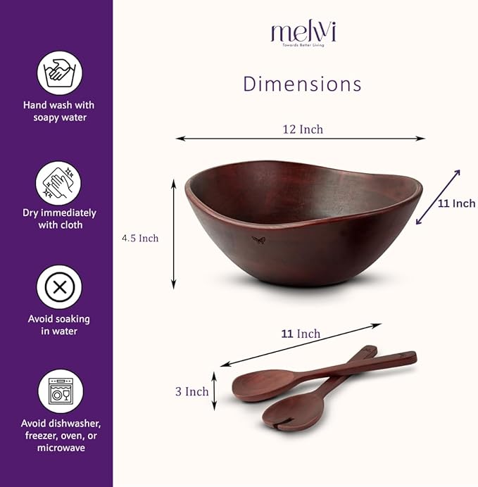 Melvvi Large Wooden Salad Bowl Set with 2 Small Bowls and 2 Serving Utensils | 12" & 6" Acacia Wood Bowls for Food | Great Gift for Kitchen & Dining (Natural Set of 5) (Royal Set of 3)