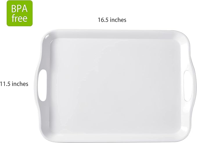 Blue Boat 16.5" x 11.5" Serving Trays Set of 2 White, Dinner Tray, Light Weight Easy to Clean Sturdy Stackable Melamine Serving Tray with Handle, Fruit, Snacks, and Desserts Trays