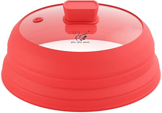 Microwave Splatter Cover Glass Splatter Guard Lid with Collapsible Silicone for Food Pot Plate Cover 10.8 inch Red