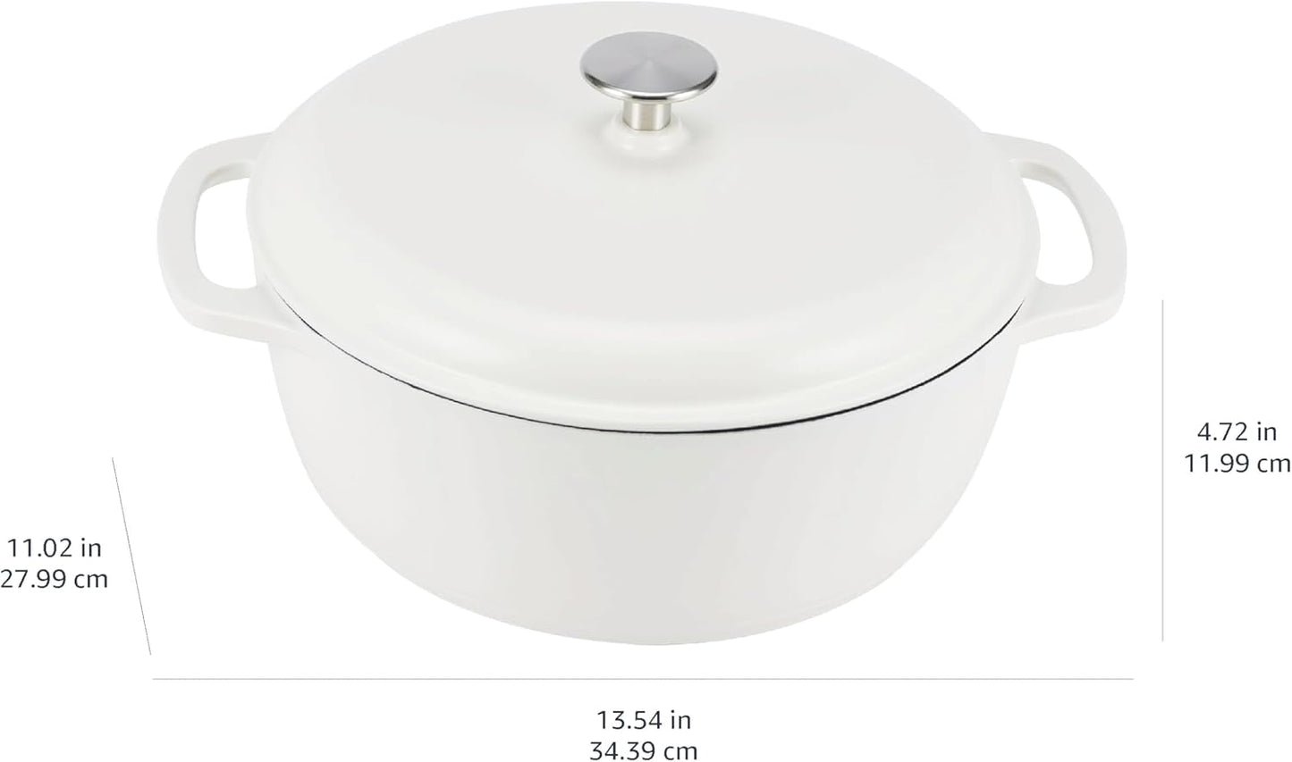 Amazon Basics Cast Iron Dutch Oven Pot with Lid, Enameled, Round, Dual Handles, Heavy-Duty, Medium, 6-Quart, Matte White