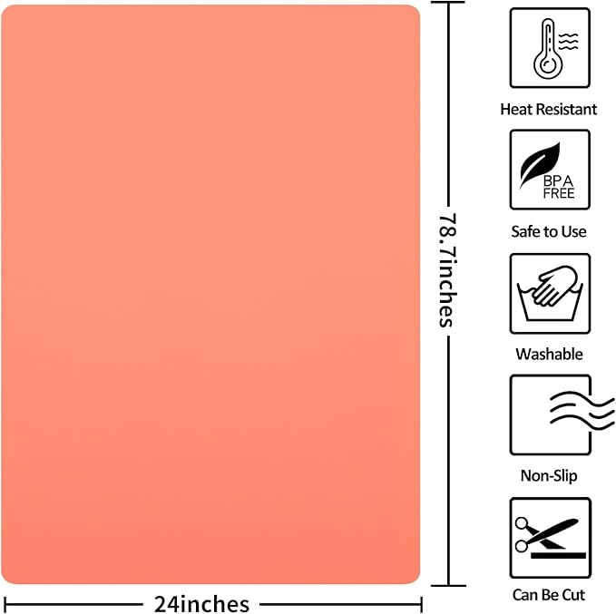 Silicone Mats for Kitchen Counter, Nonslip Silicone Mats for Crafts Countertop Protector Heat Resistant Mat (78.7” x 24” x 0.08”, Coral)