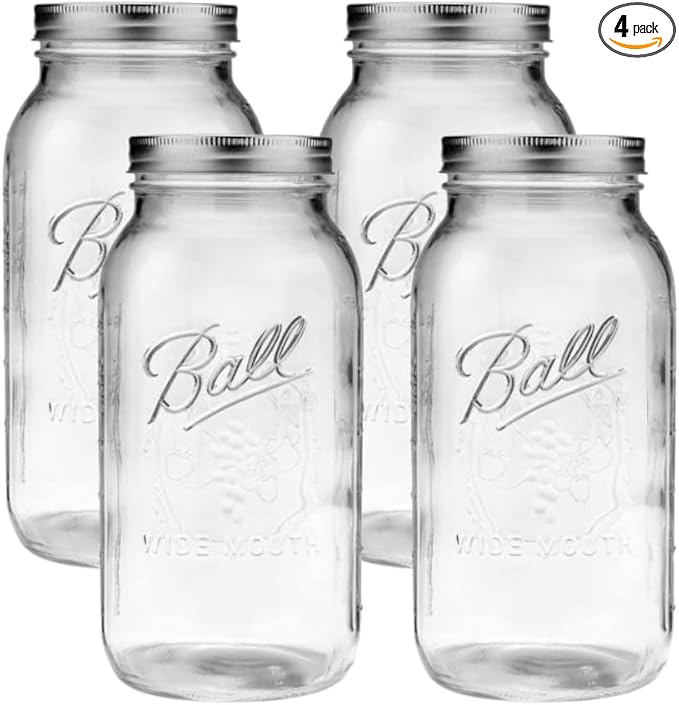 Ball Wide Mouth Glass Mason Jars with Lids and Bands, Used for Canning, Pickling, Juice, Jam, Jelly, Half Gallon Size 64 Ounce (Pack of 4)