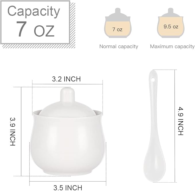 Ceramic Sugar Bowl with Lid and Spoon, White Porcelain Sugar Salt Pepper Storage Jar, 8 Ounces