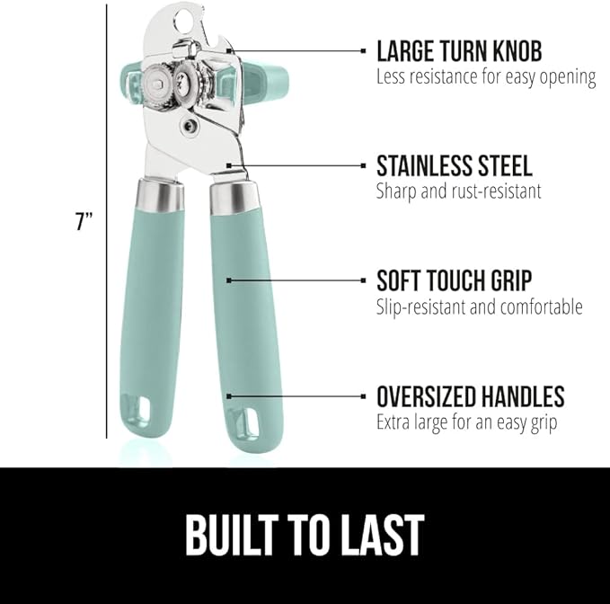 GORILLA GRIP Heavy Duty Stainless Steel Smooth Edge Manual Can Opener and Bottle Openers, Soft Comfortable Handle, Oversized Handheld Turn Knob, US Designed Multifunctional Kitchen Tool, Mint