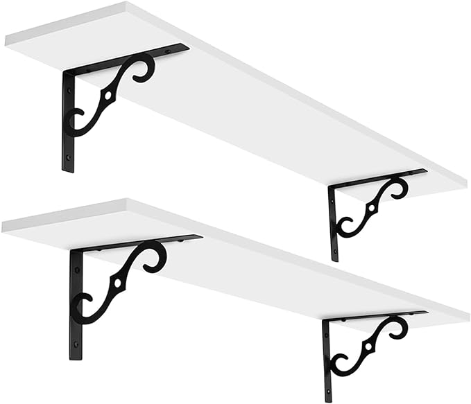 DINZI LVJ Long Wall Shelves, 31.5 Inch Large Floating Shelves Set of 2, Wide Display Shelf Wall Mounted with Brackets, Easy Hanging for Living Room, Toilet, Office, Bedroom, White
