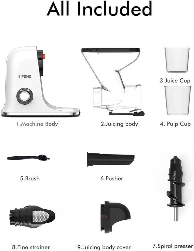 SiFENE Cold Press Juicer Machine, Slow Masticating Juicer, Vegetable and Fruit Juice Extractor Maker Squeezer, Easy to Clean, Non-BPA, White