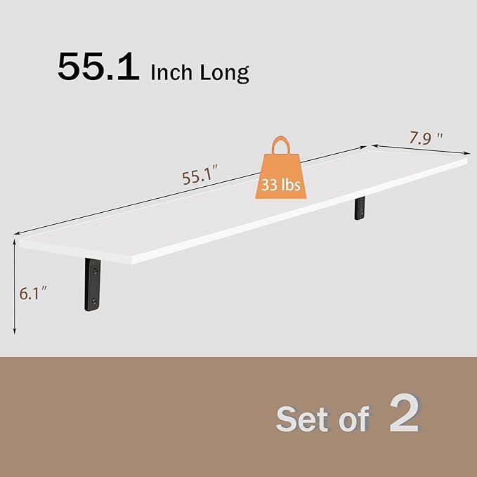 DINZI LVJ Long Wall Shelves, 55.1Inch Wall Mounted Shelves Set of 2, Extra Large Floating Storage Ledges with Sturdy Metal Brackets for Living Room, Bathroom, Bedroom, Kitchen, White