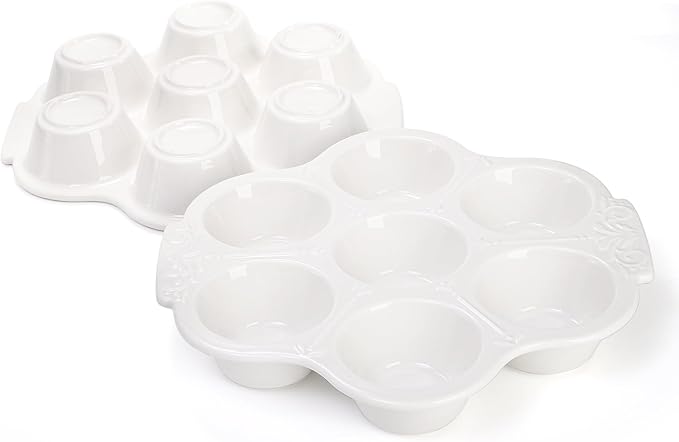 Youeon 2 Pack Ceramic Muffin Pans 7 Cups, Nonstick White Floral Cupcake Baking Pan with Handle, Muffin Tins for Muffins, Cupcakes, Tarts, Mini Cheesecakes, Oven and Dishwasher Safe