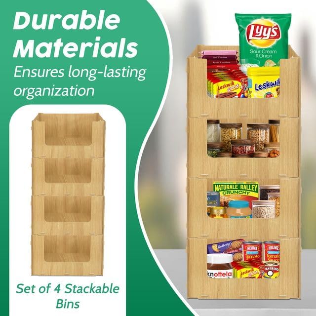 Skywin TidyFriend Stackable Storage Bins for Pantry, 4 Pack Stackable Bins For Organizing Food, Kitchen, and Bathroom Essentials (Wood)