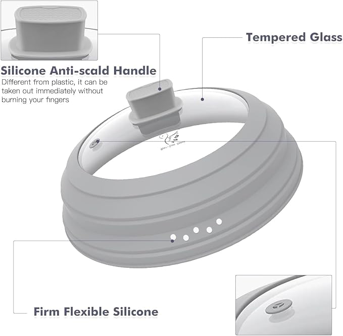 Microwave Splatter Cover Glass Cover Guard Lid with Collapsible Silicone for Food Pot Plate Cover 9.8 inch Light Grey